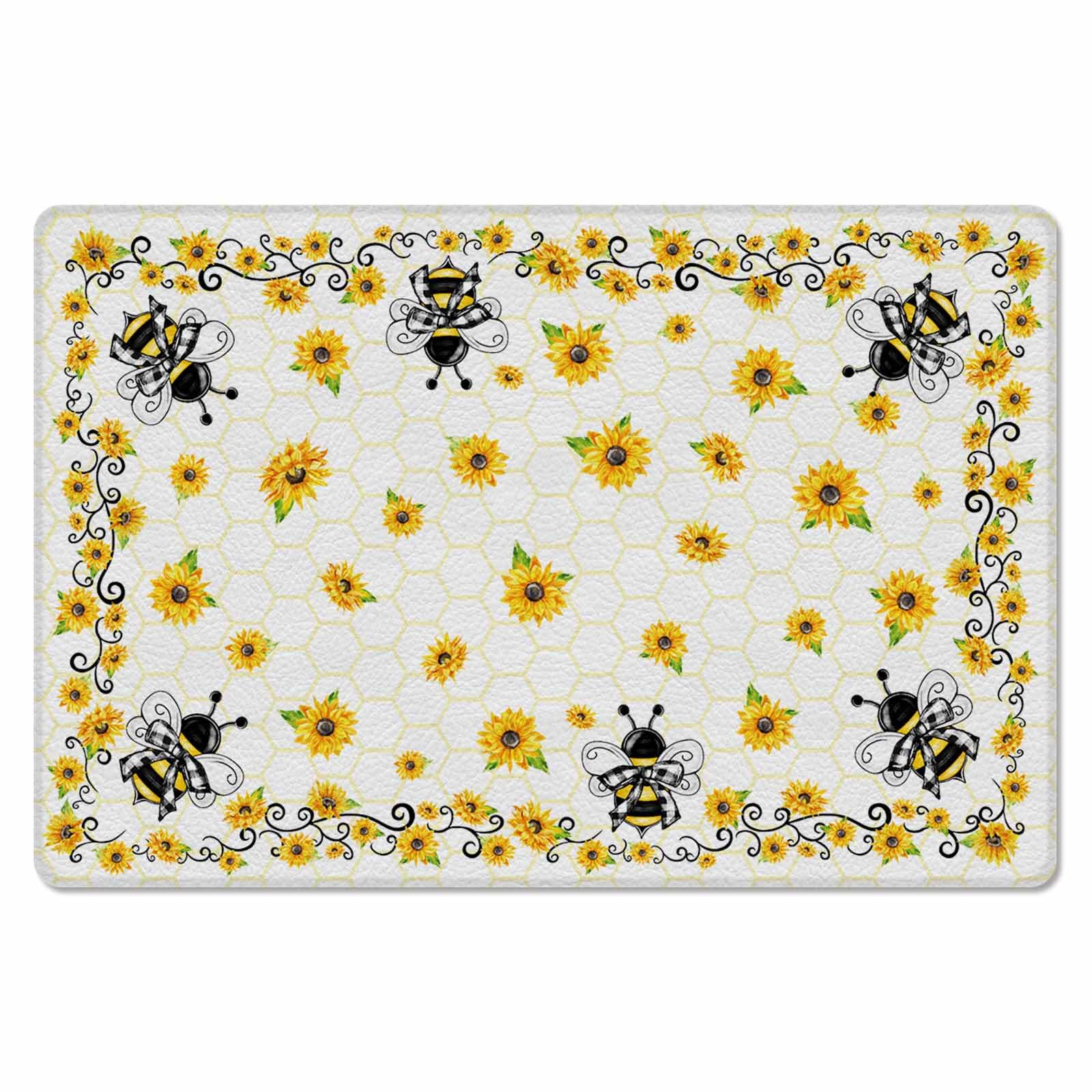 Yellow Sunflower Antifatigue Kitchen Bath Door Mat Cushioned Runner Rug,Washable Welcome Floor Sink Mat,Waterproof & Non-Slip Kitchen Standing Doormat,Bee Spring Floral Summer Geometric Cube 18