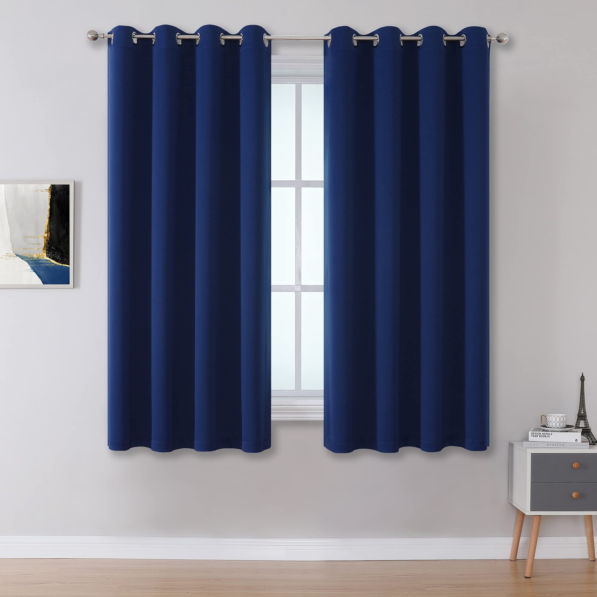 DUALIFE Navy Blue Blackout Curtains 45 Inch Length for Bedroom Thermal Insulated Blue Solid Window Drapes with Grommet Curtains Panels for Living Room Boys Kids Room 52x45 Inches Long