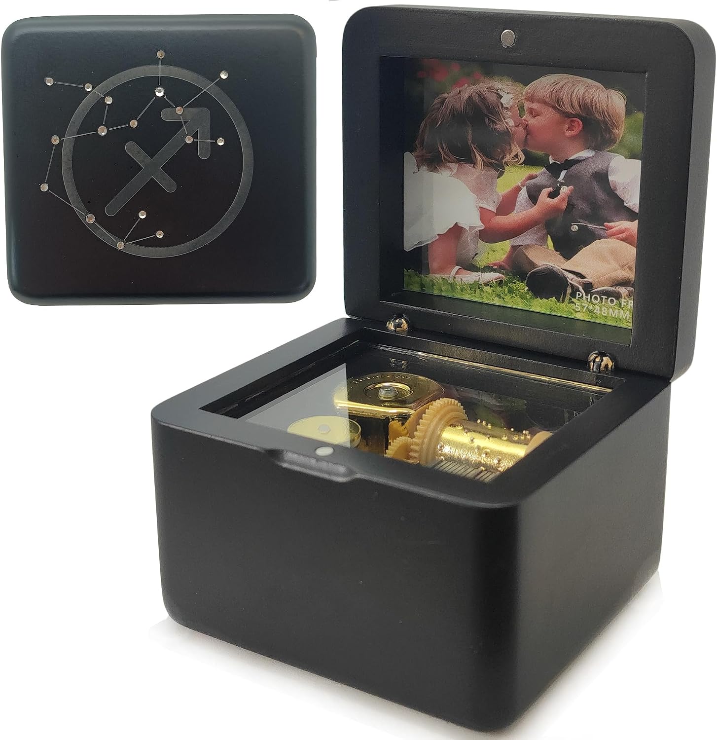 Mini Constellation Vintage Music Box with Photo Frame, Star Map of The Night Sky with Diamond,18 Note Wind Up Signs of The Zodiac Gift for Christmas/Birthday/Valentine's Day (Sagittarius)
