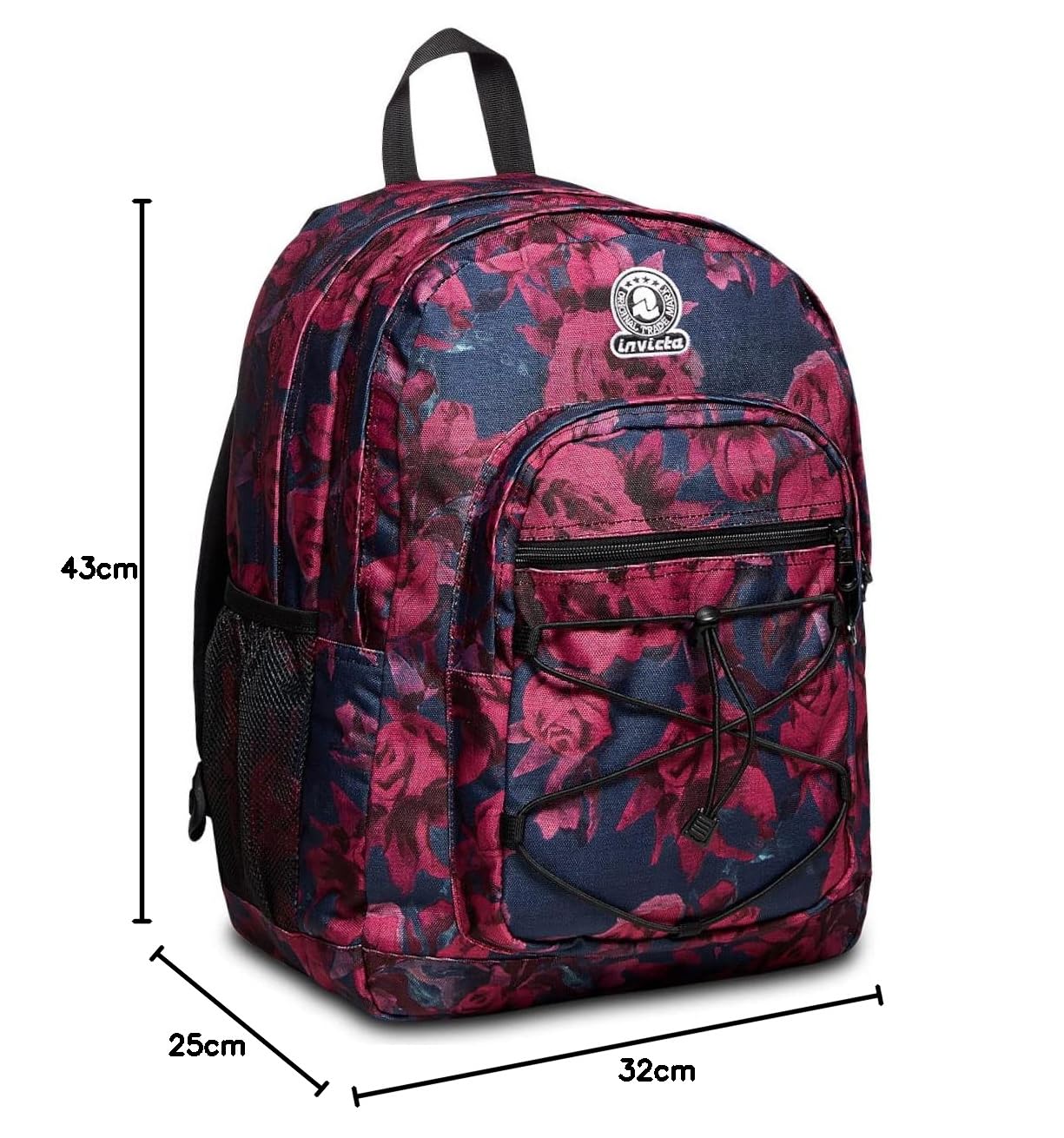 Invicta Schulranzen DIAL ROSES FANTASY mit Trinkflaschenfach, Extra Platz - 38 LT - Unisex, für Sport und Freizeit, italienisches Design, Geräumige Schultasche für Teenager schwarz/rosa Blumenmuster