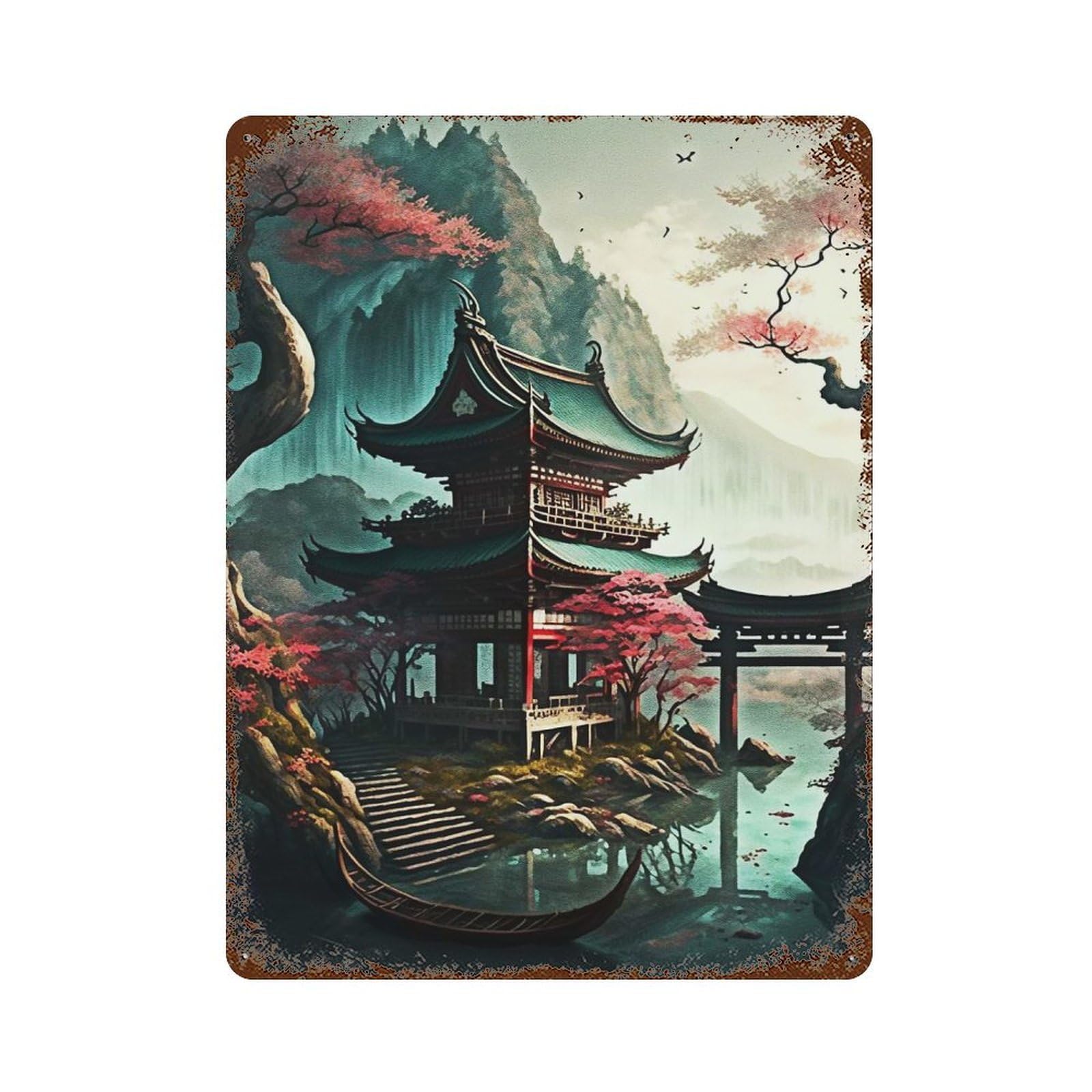 Japanese Village Fantasy Rustic Tin Plaque 15.7"x11.8", Novelty Wall Decor for Garage, Pub Or Kitchen
