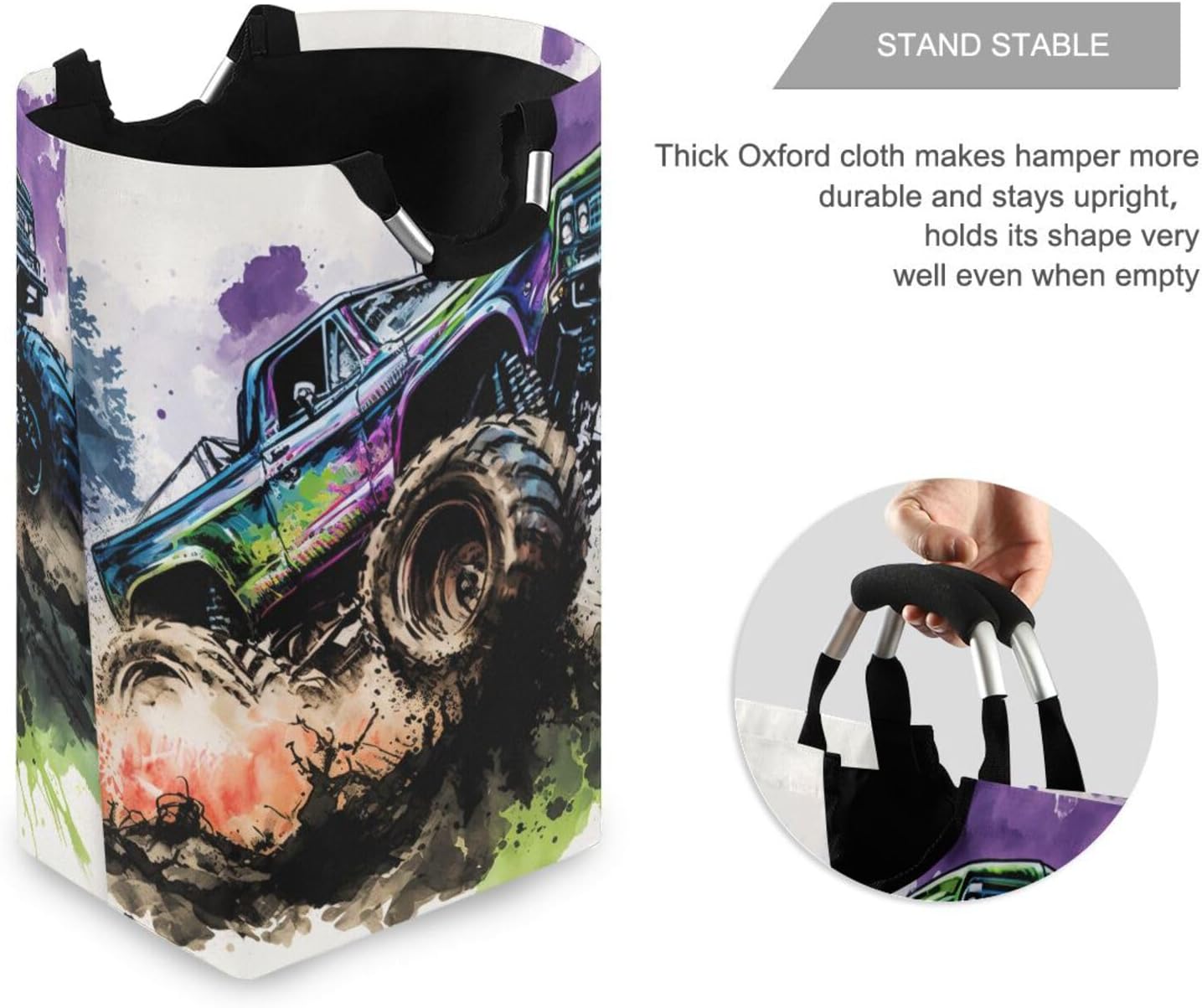 AIXIWAWA Laundry Basket Hamper Awesome Monster Truck Print Collapsible Clothes Holder Dorm Home Laundry Bag with Handles 1 Pack