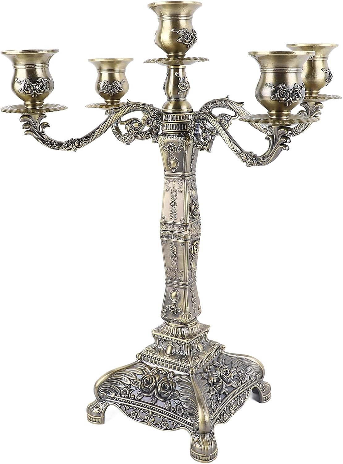 Metal Arms Candelabra, Vintage Candlestick Holder, European Style Retro Candle Holder with Pillar Design, Romantic Decoration for Wedding Dinner Party Home (Bronze Five Heads)