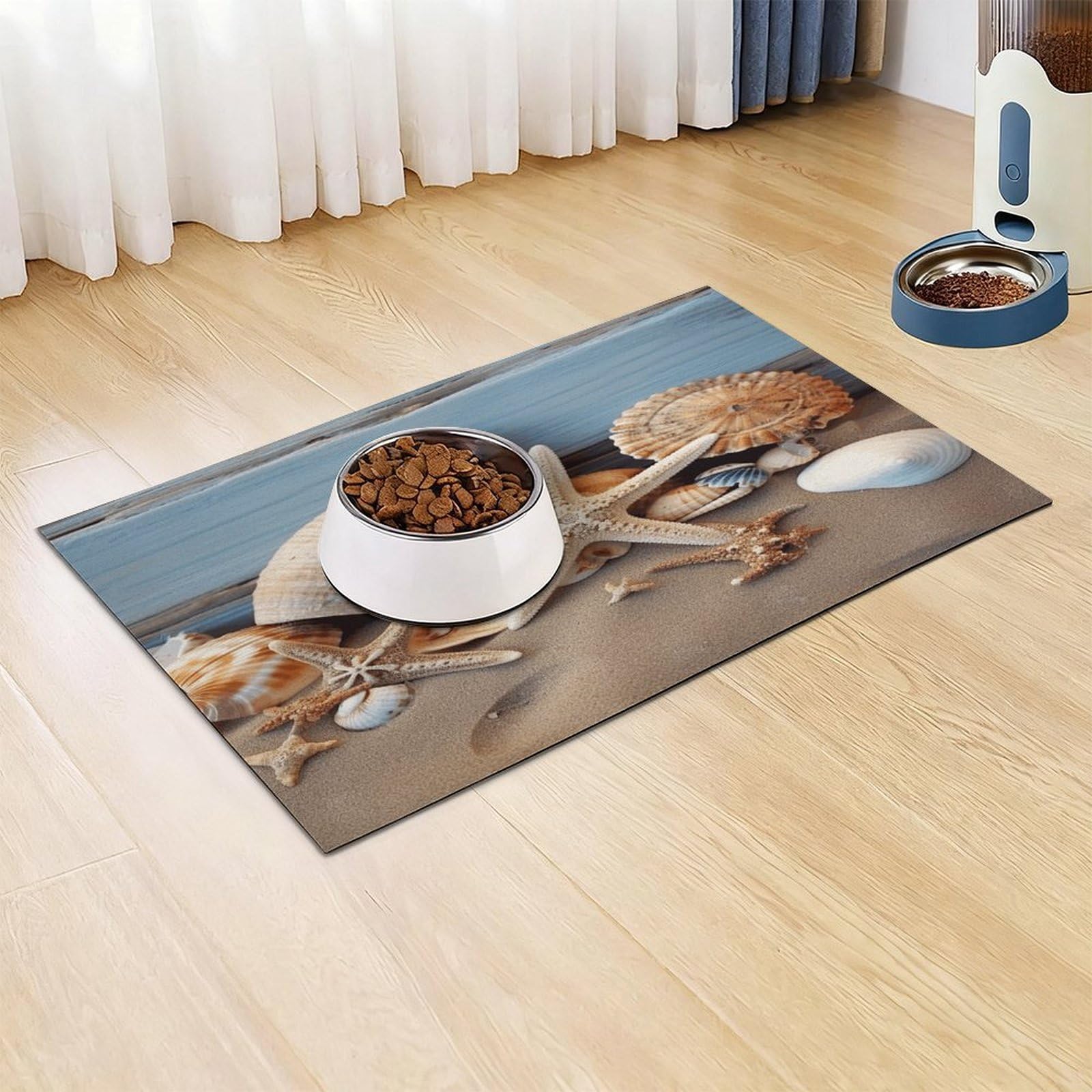 Tapis de nourriture pour chat en forme d'étoile de mer et de coquillages - Antidérapant - Facile à nettoyer pour la nourriture et l'eau - 43,2 x 76,2 cm