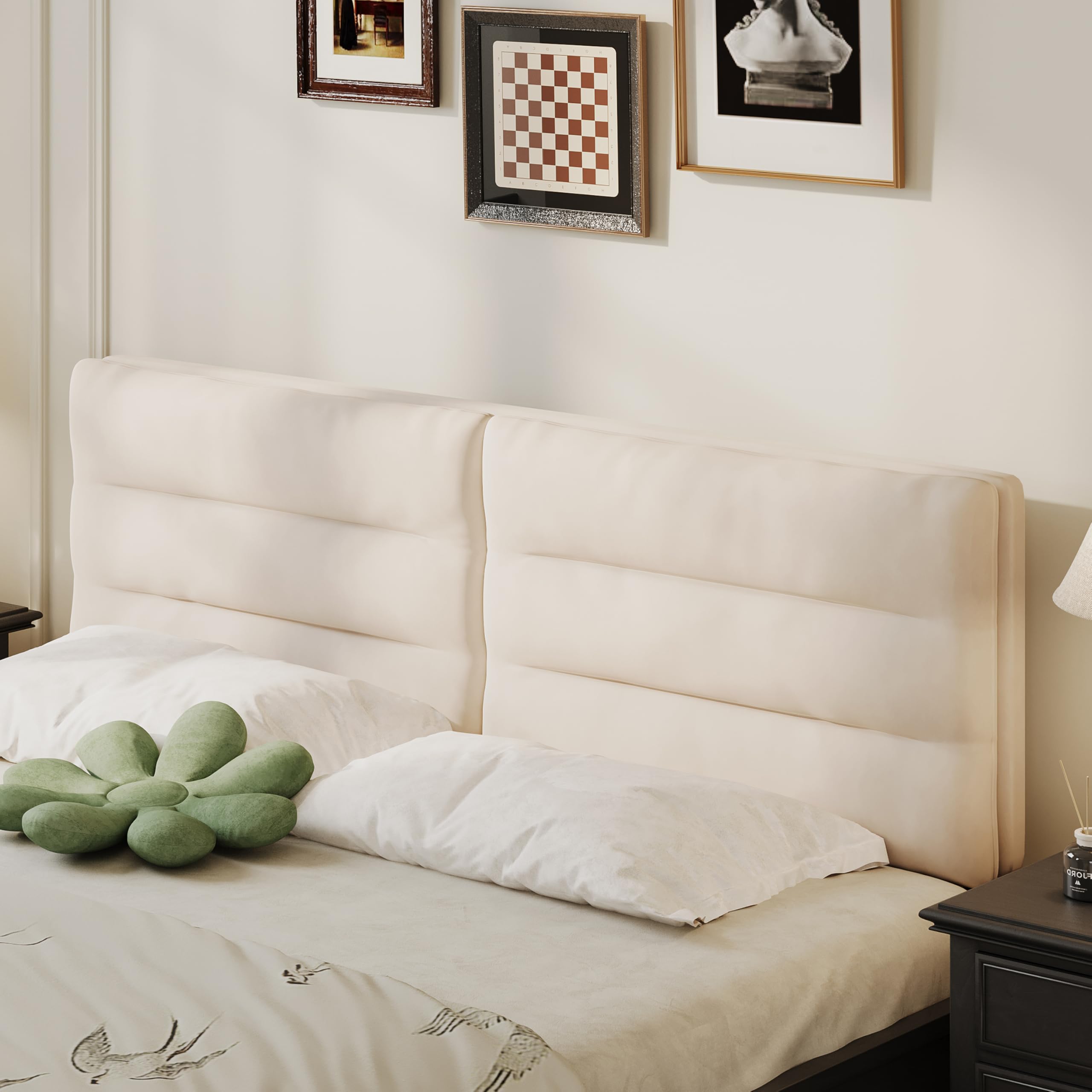 King Size Velvet Headboard Foldable Panels Backboard, Upholstered California King Head Board for Bedroom Adjustable Height from 42" to 56"-Ivory