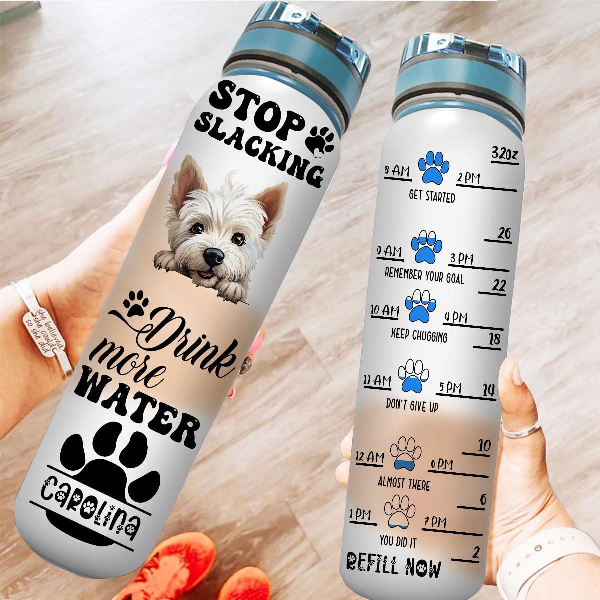 Stop Slacking Start Drinking West Highland White Terrier Dog Lovers Motivational Tracker Working Out Personalized Name Time Marker Water Bottles Walker Running Fitness Gym Yoga 32oz Gifts image 3