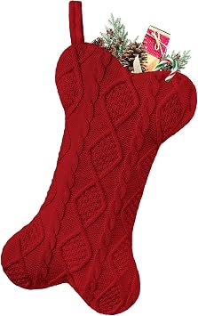 Malier Dog Christmas Stocking, Knit White Christmas Stocking for Dogs, Bone Shape Dog Stocking Christmas Large Pet Stockings Hanging Dog Christmas Stocking for Dogs Cats Pets Red