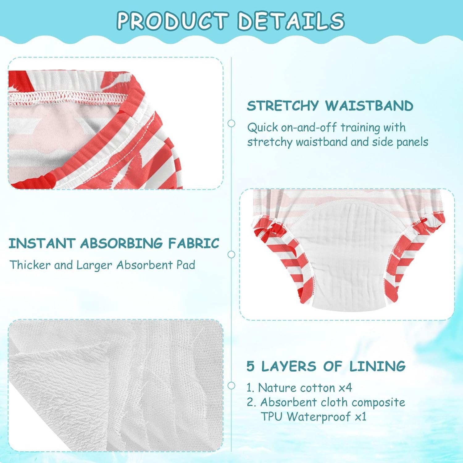 Baby Potty Training Must Haves Pants Soft Cotton Overnight Training Pants Training Pants for Toddler Boys 3T Red White Striped Heart Lip Love