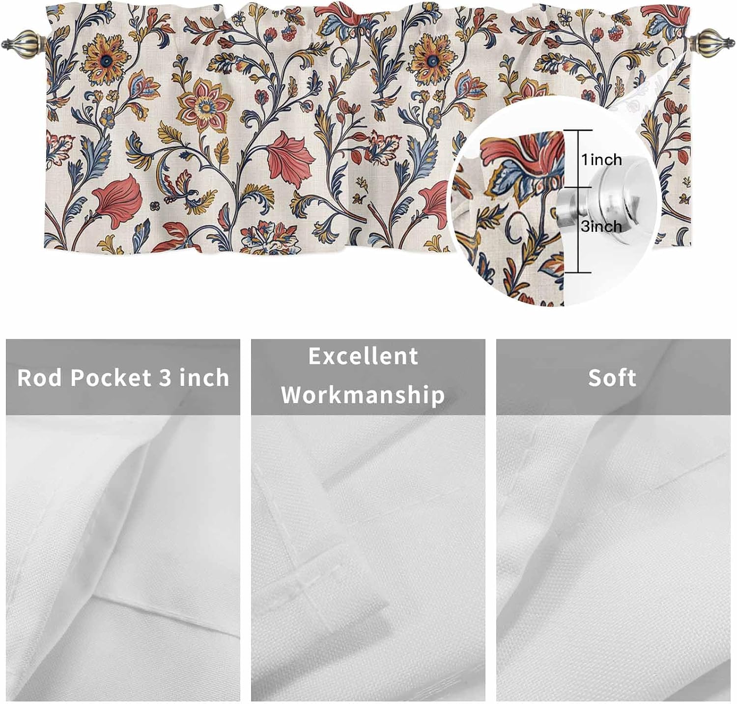 Summer Flower Kitchen Valances for Windows,Light Filtering Short Curtains Pastoral Wild Flowers Rod Pocket Window Treatment for Bathroom Basement Living Room Vintage Farmhouse Floral