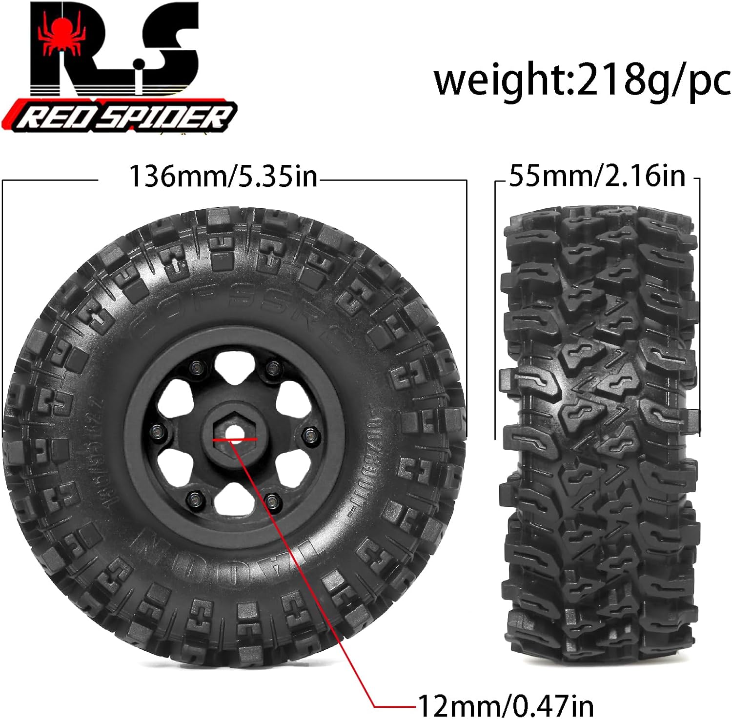 REDSPIDER 2.2 beadlock wheels and tires set（4Pcs），Plastic wheels with lightweight design，All terrain tires.For 1/10 Scale Rock Crawler Car Axial SCX10 90047 D90 TF2 Tamiya CC01 TRX4 (Black)