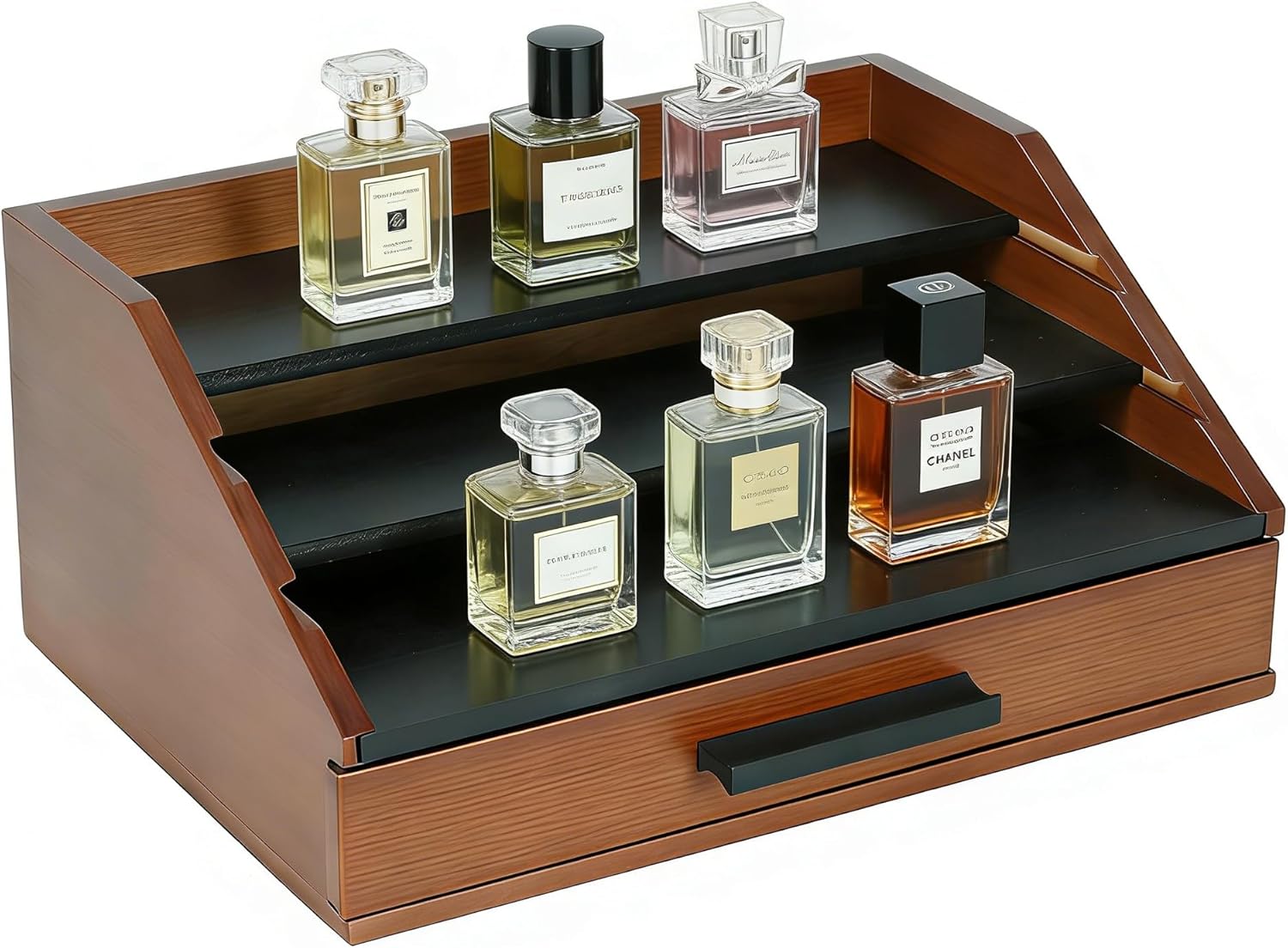Cologne Organizer for Men - 3-Tier Wooden Perfume Shelf Stand with Drawer, Perfume Display & Storage Tray for Dresser, Black & Brown, 11"x4.7"x7.9"