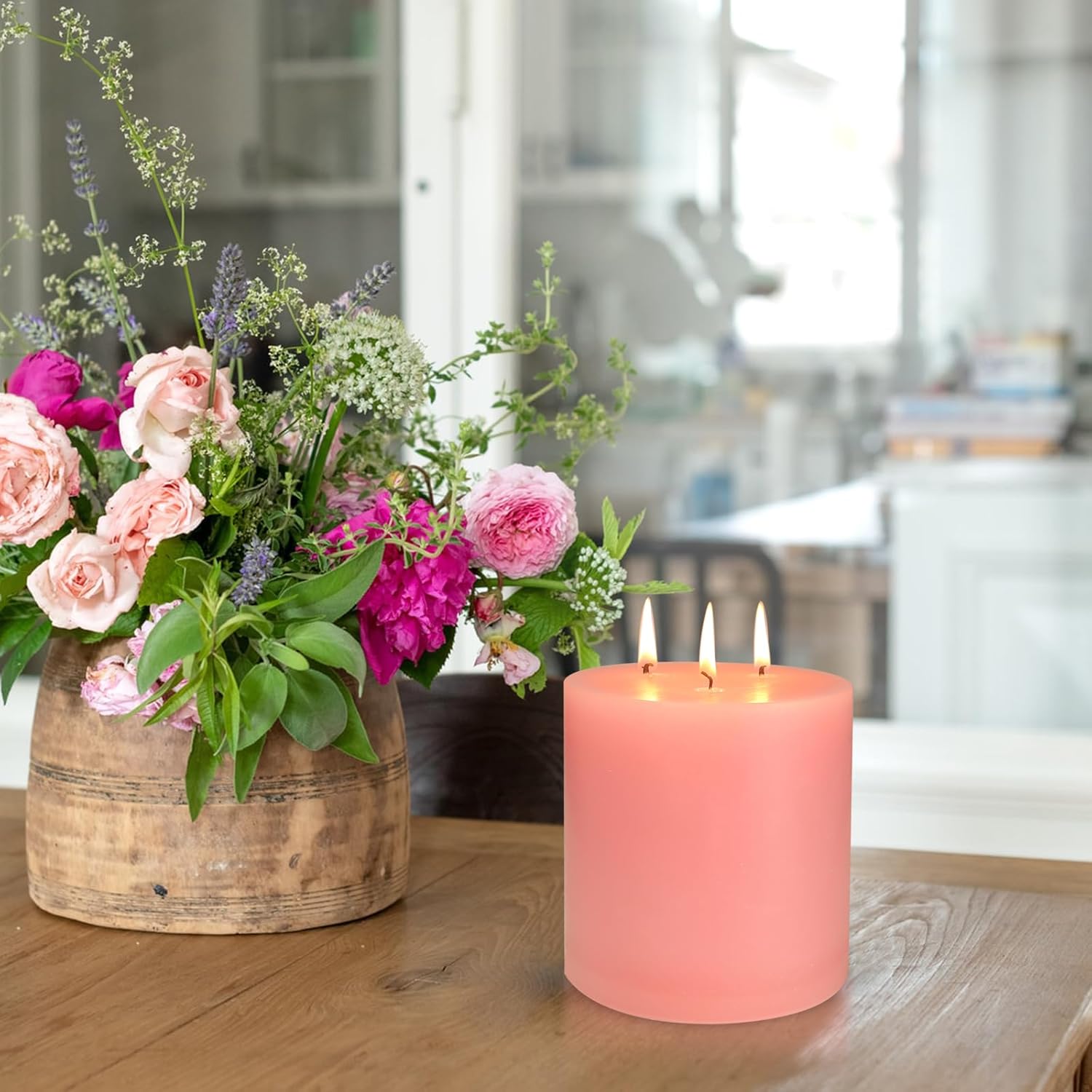 Extra Large 3 Wick Pink Pillar Candle, 6" x 6", Unscented, Dripless, Smokeless, and Clean-Burning. Approx. 120 Hours of Burn Time. Perfect for Weddings, Dinners, Christmas and Home Decor