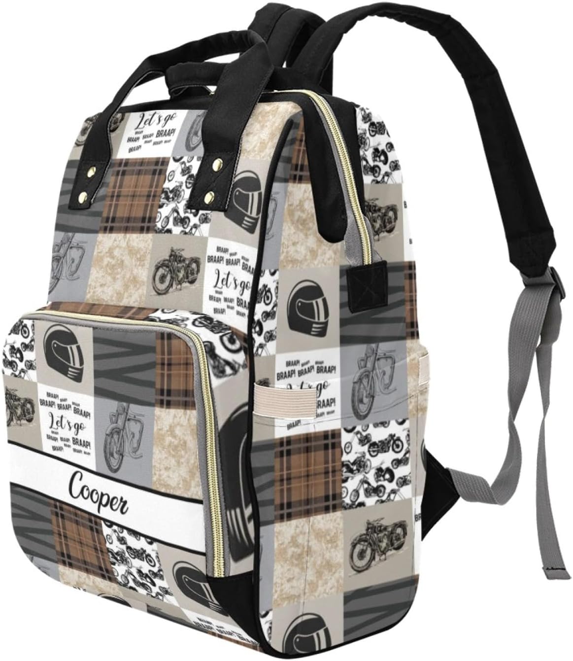 Custom Diaper Bag for Women, Personalized Name Multifunction Nylon Nursing Mommy Daypack with Large Capacity for Travel, Birthday Mother Gift (Motorcycle)