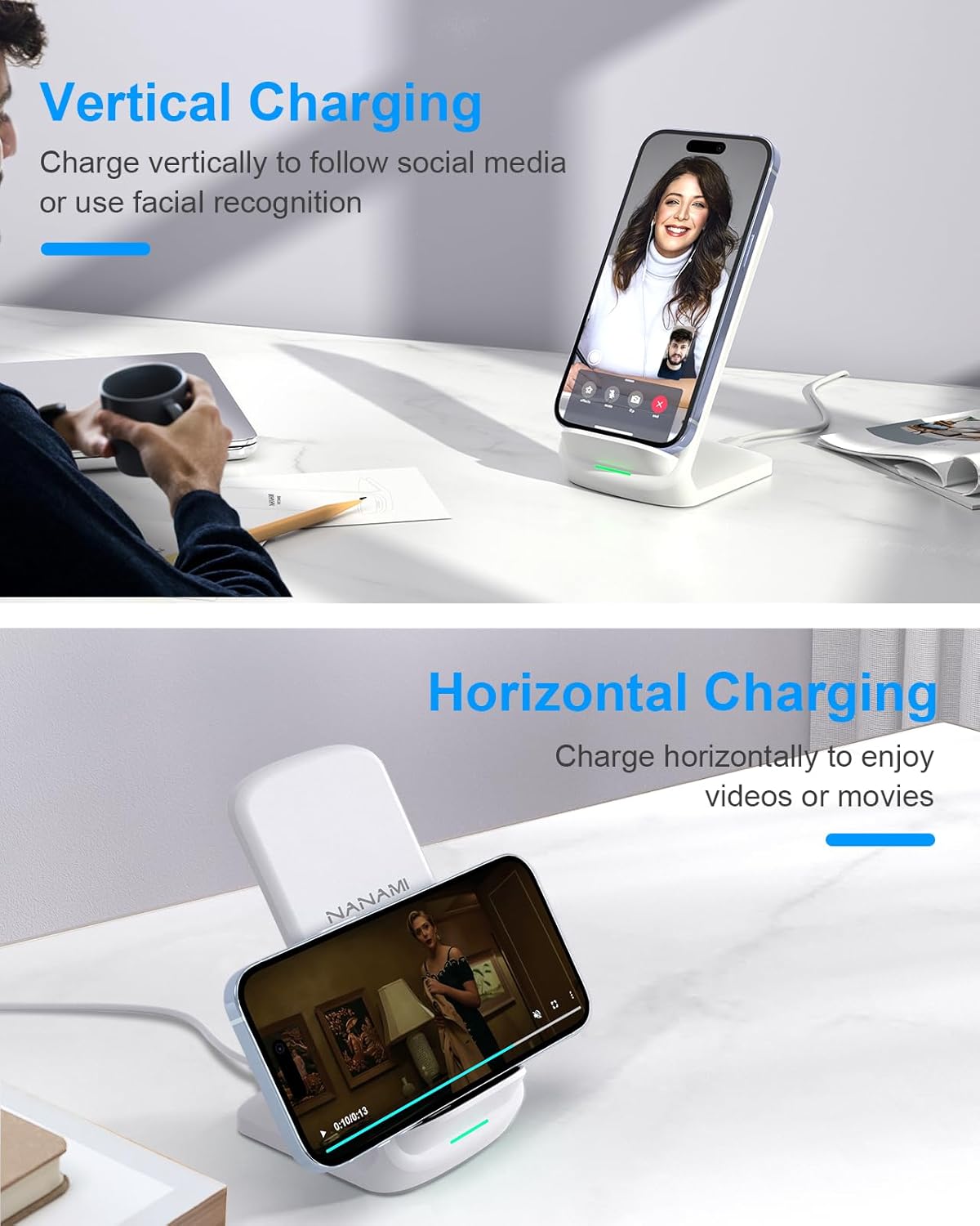 Wireless Charger - NANAMI Fast Wireless Charging Stand Pad Set, Compatible iPhone 15/14/13/12/11 Pro/XS Max, Phone Charger for Samsung Galaxy S24/S23/S22/S21/S20+/S10/S9/S8/Note 20, AirPods Pro