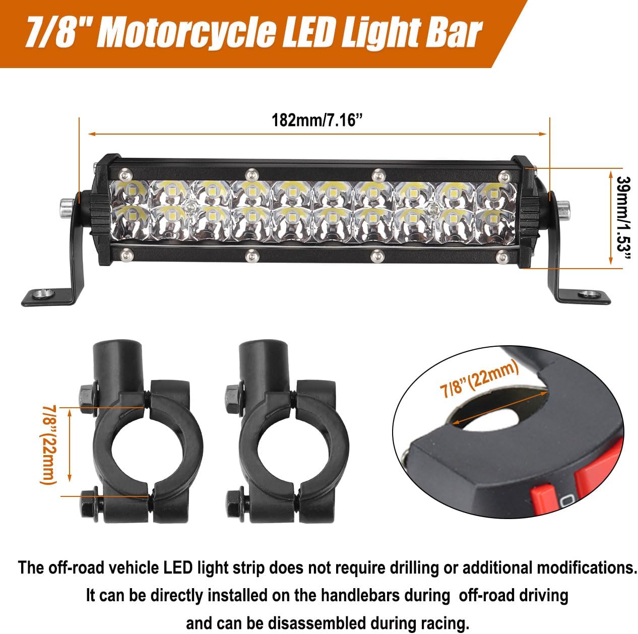 Motorcycle LED Light Bar & ON-Off Switch Headlight kit for CRF110 CRF250F KLX110 TTR110 TTR110E RM85 YZF450 60W Motocross LED Light Kit Universal for 7/8" 22mm Handlebars Pit Dirt Bike Plug and Play