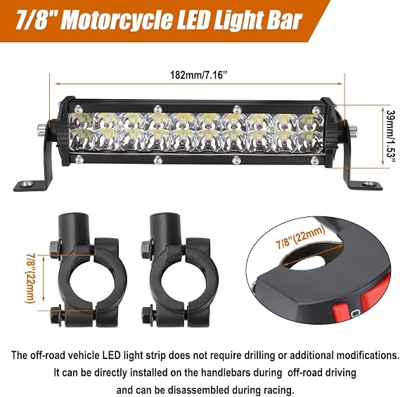 Motorcycle LED Light Bar & ON-Off Switch Headlight kit for CRF110 CRF250F KLX110 TTR110 TTR110E RM85 YZF450 60W Motocross LED Light Kit Universal for 7/8 22mm Handlebars Pit Dirt Bike Plug and Play
