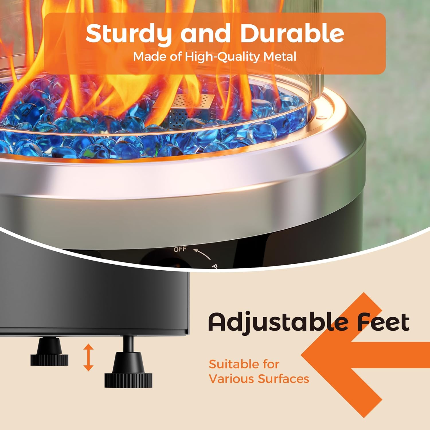 15" Round Propane Gas Fire Pit, Stainless Steel Column Outdoor Fire Pit with Blue Fire Glass, 26,000 BTU Patio Fire Pit for Backyard & Garden