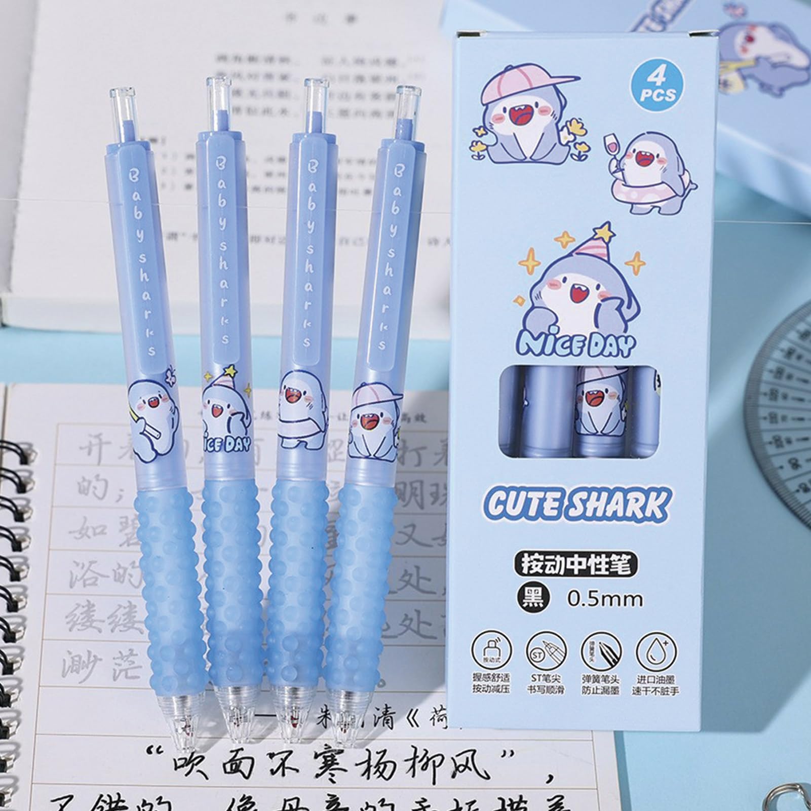 4 szt. urocze długopisy z motywem rekina, kreskówka, chowane, 0,5 mm, czarny atrament, długopis kawaii, dla dziewcząt, chłopców, kobiet, mężczyzn, biurowe przybory szkolne (rekin)