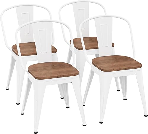 Arlunar - Sillas de comedor de metal de 18 pulgadas, juego de 4 sillas de comedor blancas apilables con respaldo y taburetes de madera