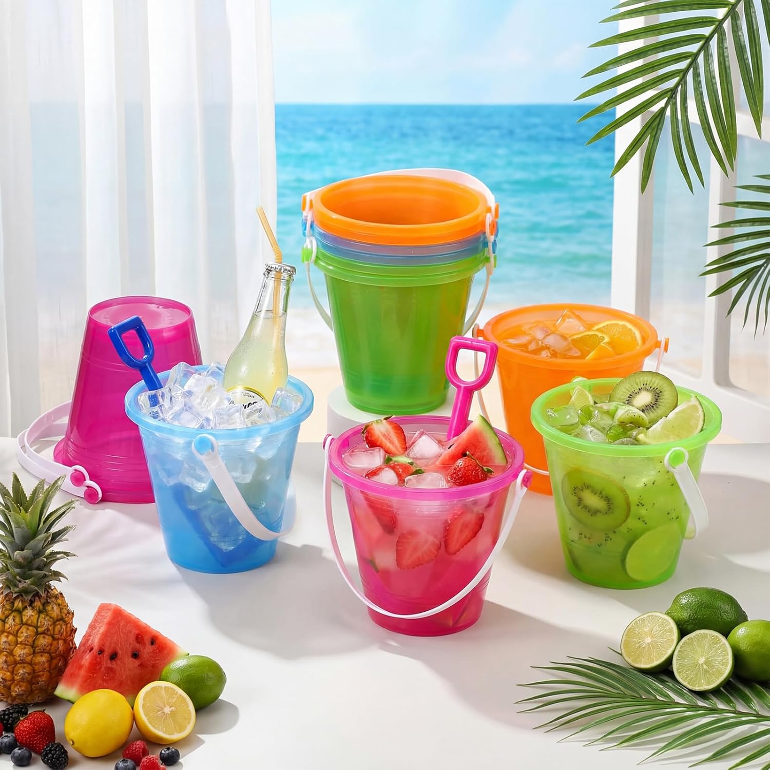 LemonRoad 12 Pack 34oz Large Beach Drink Buckets Bulk with Shovels Disposable Straws Plastic Neon Party Bucket Cups with Handles Reusable Rum Cocktail Buckets for Summer Holiday Birthday Party Favors