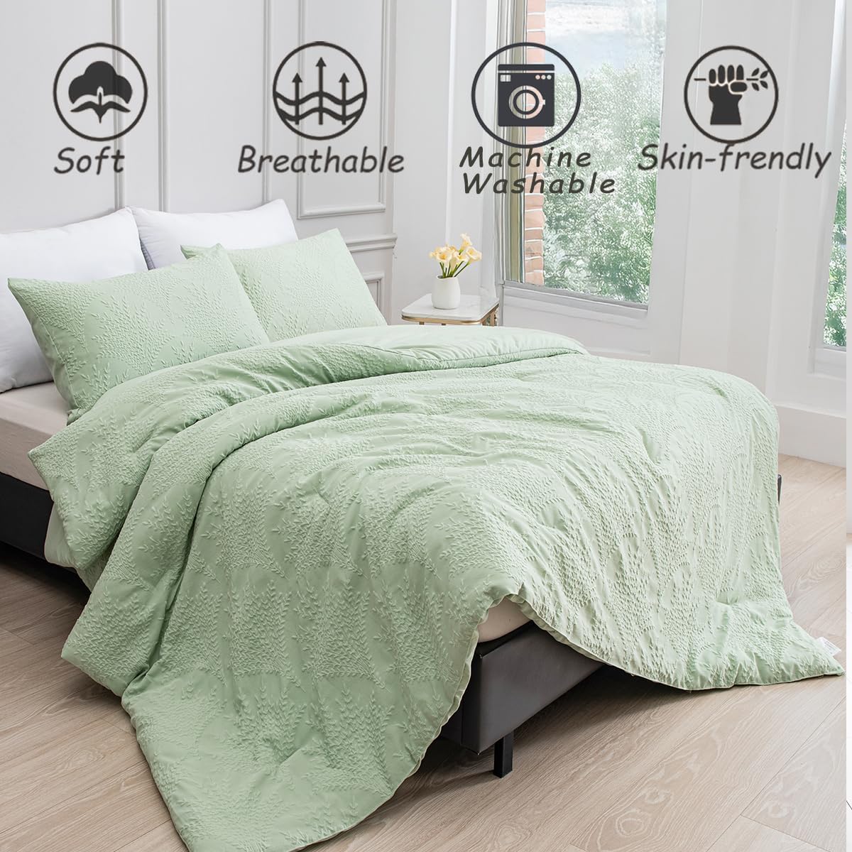 Sage Green Jacquard Comforter Set Queen Leaf Comforter Boho Bedding Set 3 PCS Soft All-Season Luxury Bedding(Sage Green,Queen) - Image 5