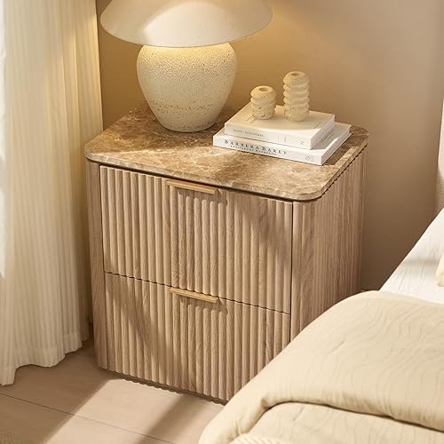 Miniatura 2 de Juego de 2 mesitas de noche acanaladas, mesita de noche con 2 cajones, mesa auxiliar de madera de ingeniería con parte superior de mármol sintético,