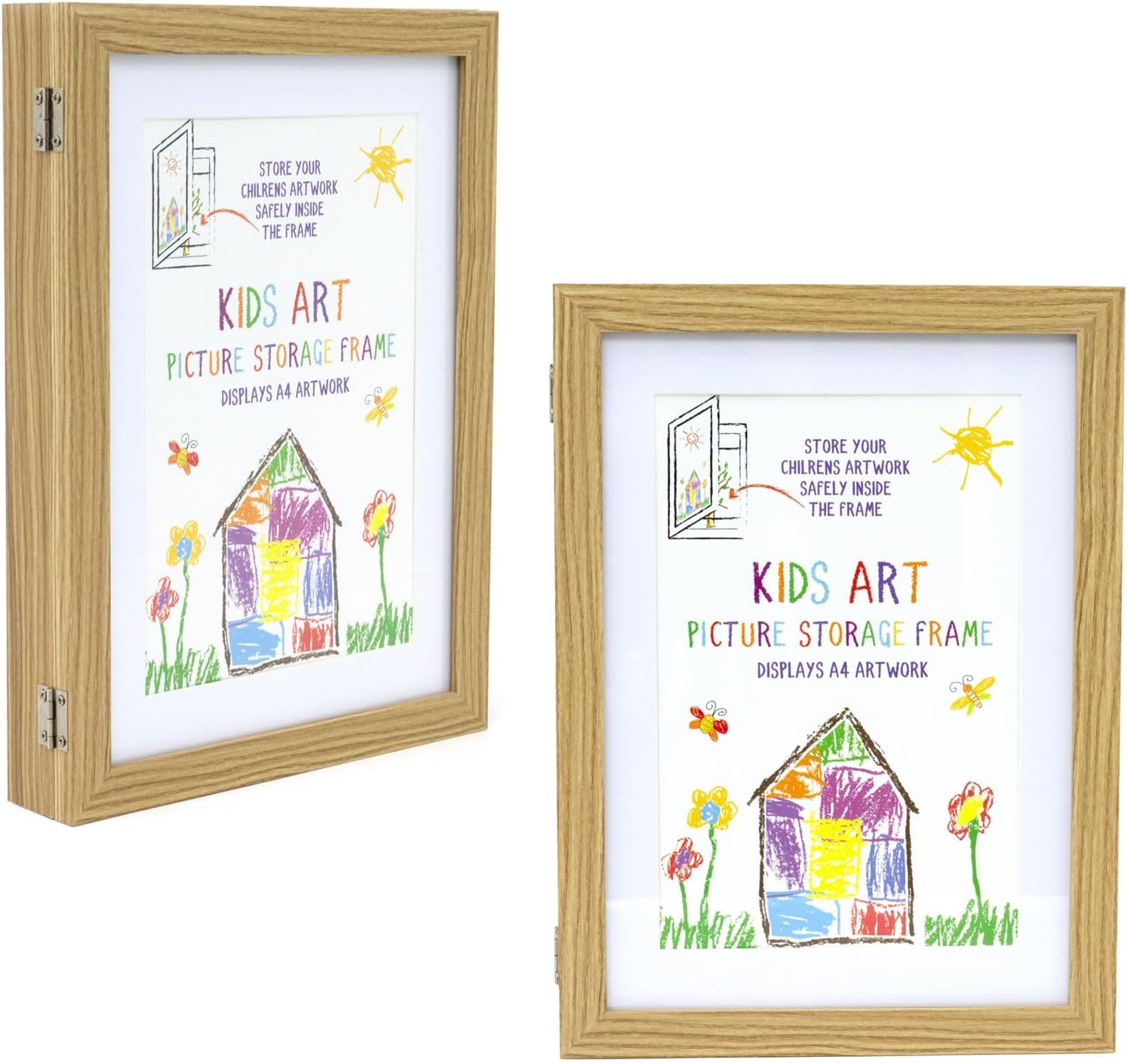 Pack of 2 Kids Artwork Display Frames | A4 Front-Opening Changeable Art Storage Frames | Wooden Hanging Picture Holders for Kids Drawings & Certificates - 33x24cm
