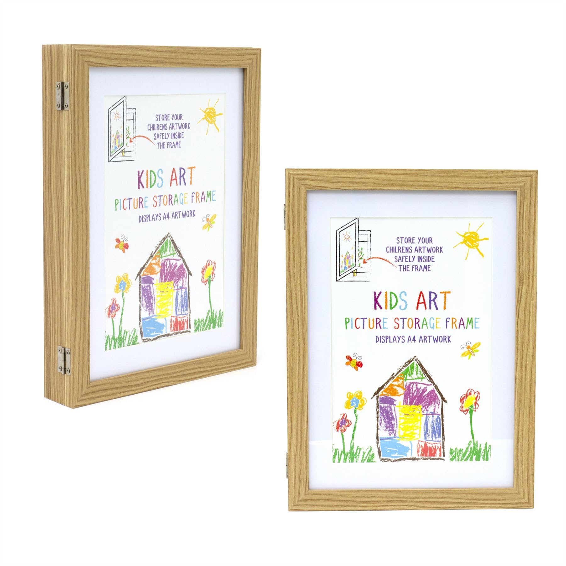 Pack of 2 Kids Artwork Display Frames | A4 Front-Opening Changeable Art Storage Frames | Wooden Hanging Picture Holders for Kids Drawings & Certificates - 33x24cm