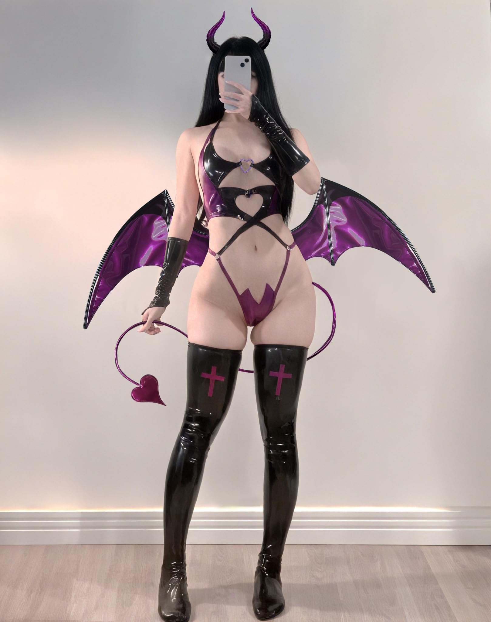 KORURACLUB Succubus costume premium pu cosplay lingerie for women wing devil lingerie: Purple X-Large
