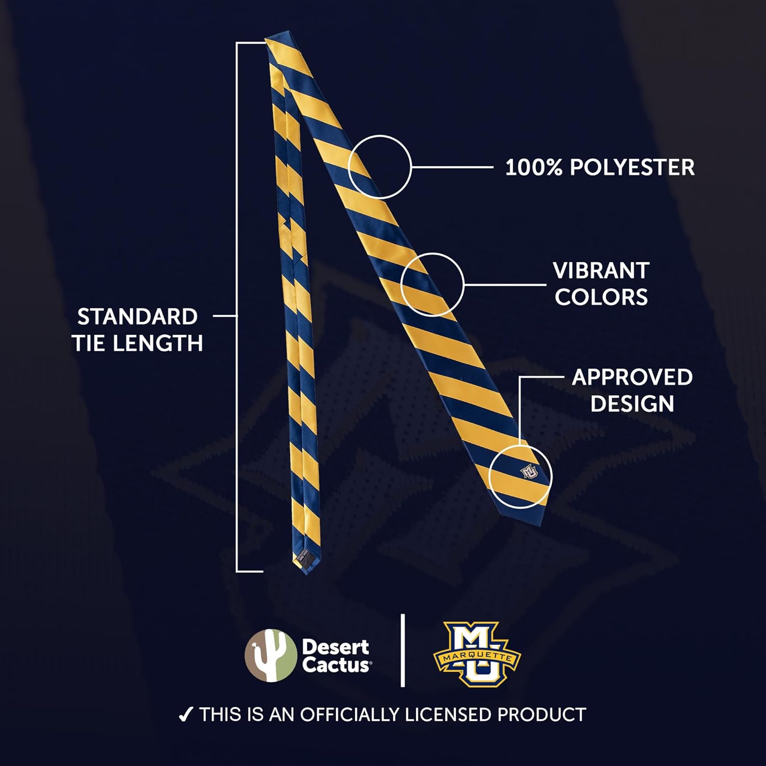 Desert Cactus Marquette University Neck Tie MU Golden Eagles 100% Polyester Necktie with Logo, Officially Licensed - Image 3
