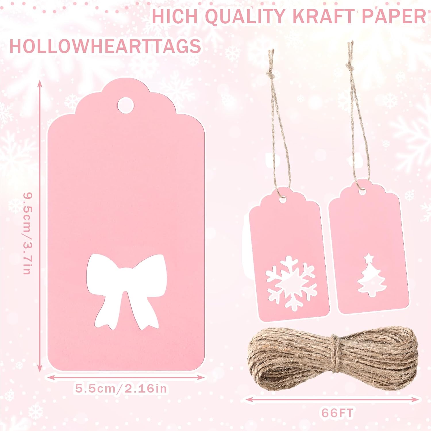 Civaner 120 Pcs Pink Valentines Day Gift Tags with String 2.2 x 3.7 in Pink Paper Valentines Name Tags Bulk Hanging Labels with Hollow Bow Xmas Tree Snowflake for Holiday Gift Wrapping DIY Craft - Image 2