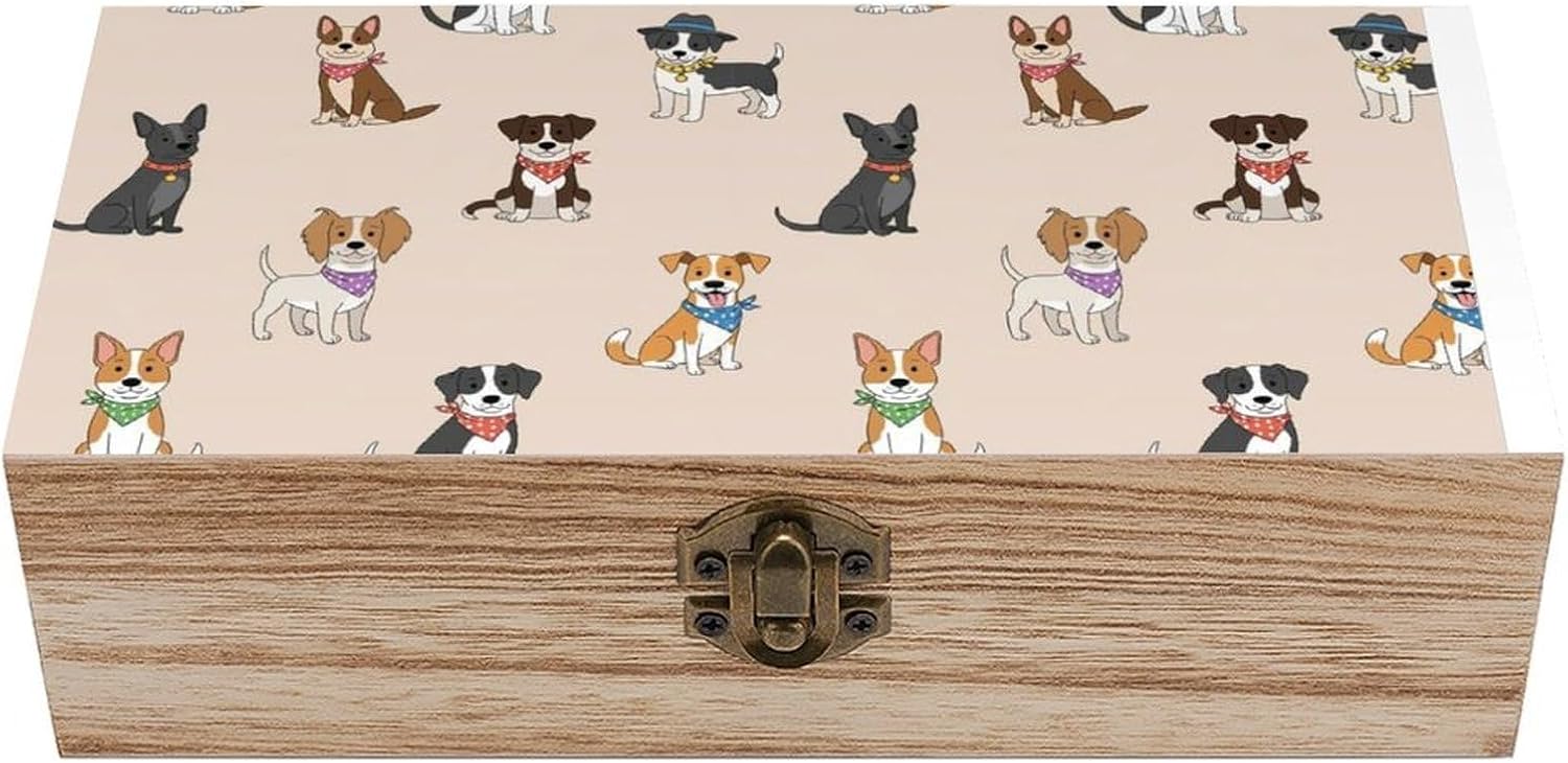 Rectangle Wooden Storage Box, Decorative Organizer Case with Hinged Lid Puppy Dogs, Keepsake Jewelry Box for Birthday Office Supplies