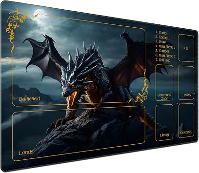 DEGDFSGR for MTG Playmat with Zones 24 x 14 inches for TCG Playmats Non-Slip Rubber Base Commander Play Mat for Lorcana Trading Card Game, Rock Wings Black Dragon Fire