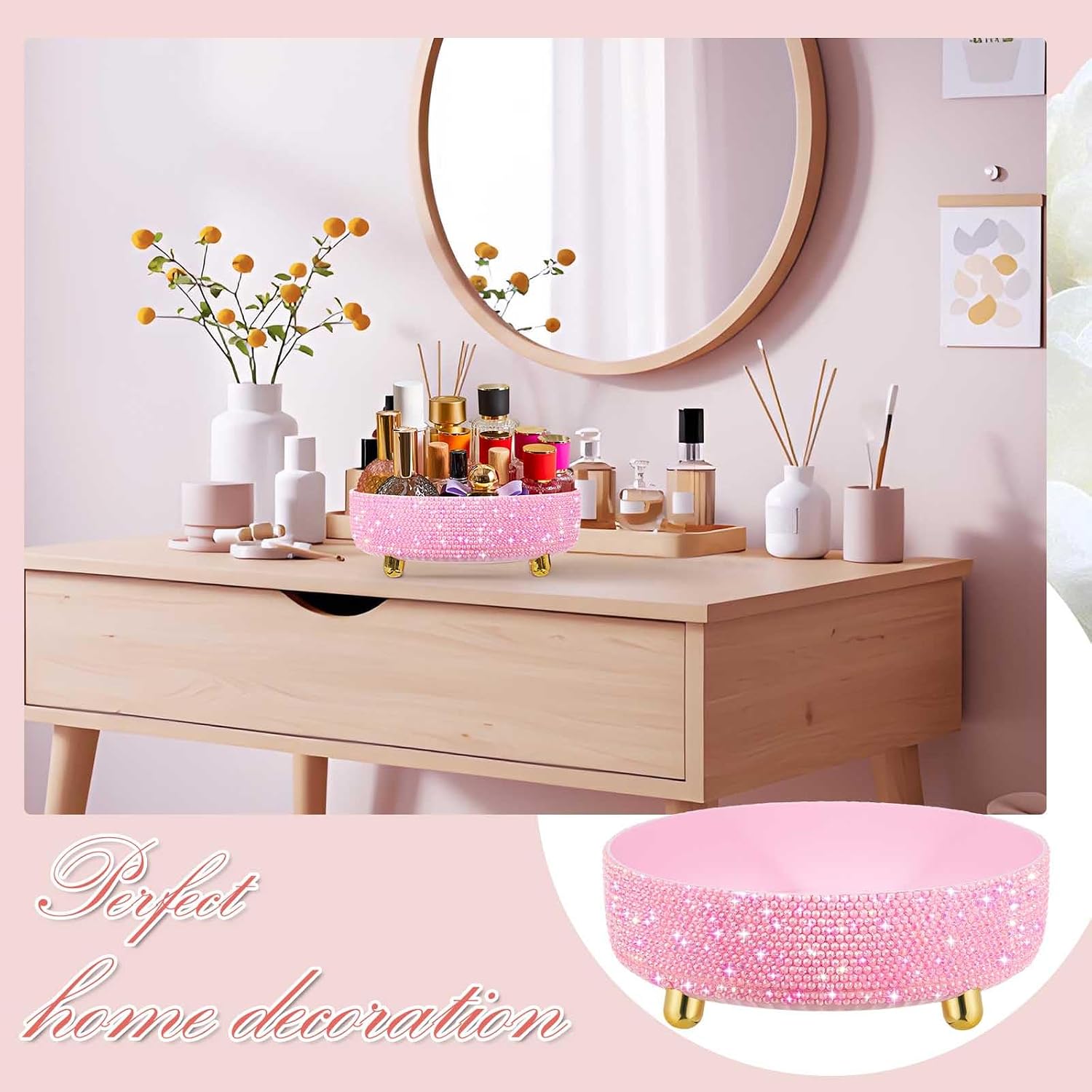 Honeydak Pink Bling Perfume Makeup Organizer Bling Mother's Day Nurses Day Gifts for Women Bathroom Organizers and Storage 360 Rotating Makeup Organizer for Countertop(Resin Stone)