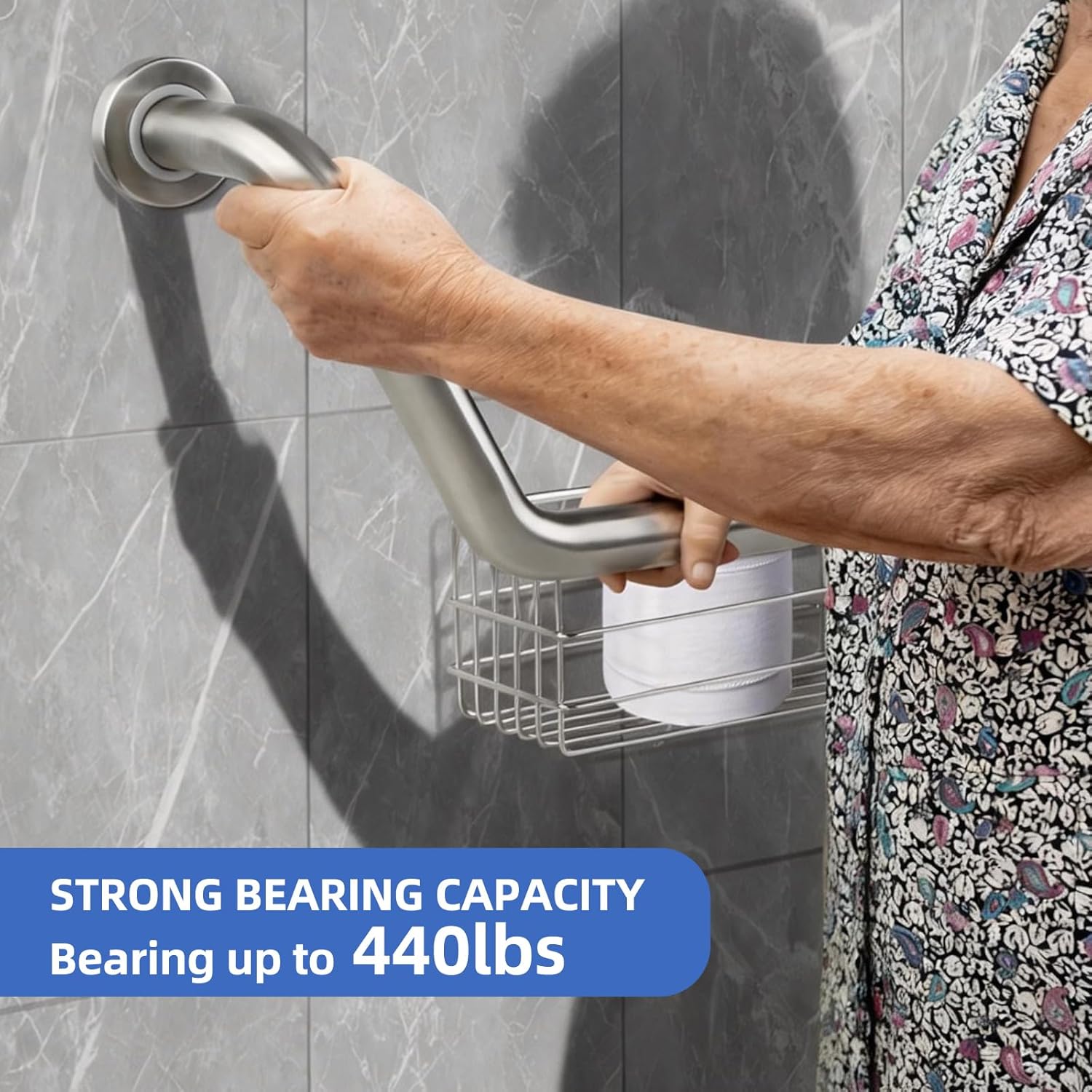 FSA Eligible, Upgrade 16 inch Angled Grab Bar with Storage Basket, Handicap Grab Bar for Elderly, Stainless Steel, Grab Bars for Shower, Bathroom Mobility Aid, Heavy Duty 550lbs Support