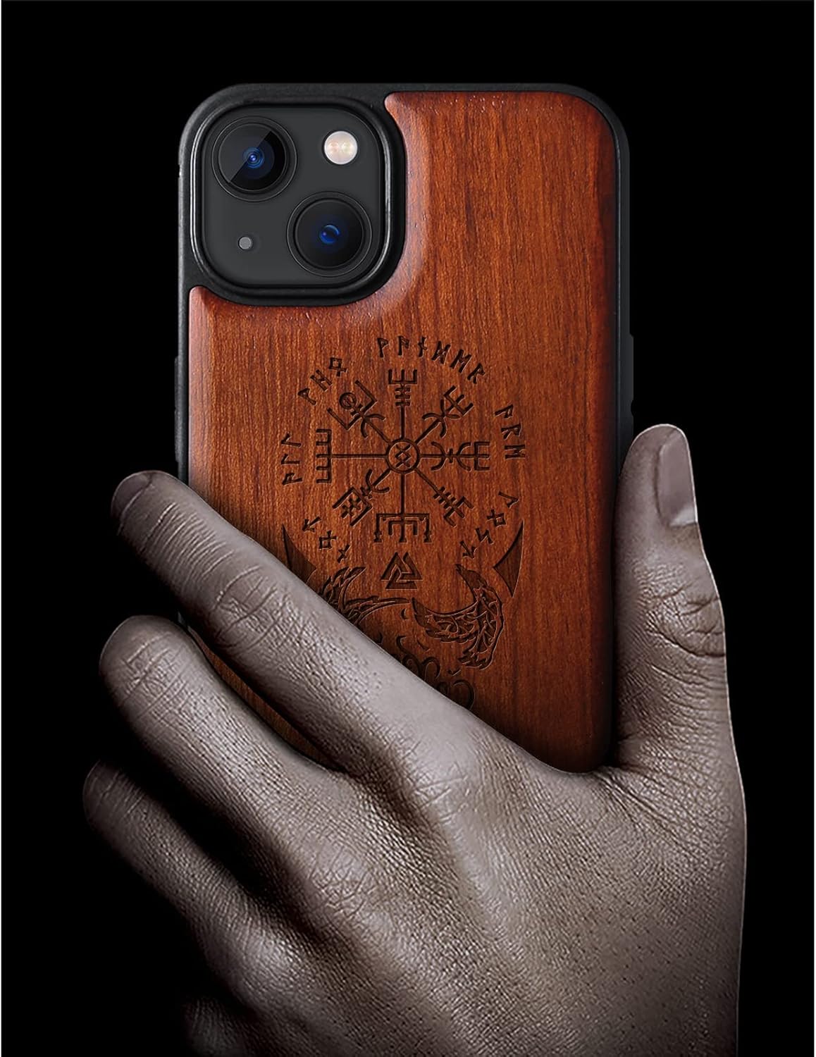 Carveit Magnetic Wood Case for iPhone 13 Case [Hard Real Wood & Soft TPU] Unique & Classy Wooden Shockproof Hybrid Protective Cover Compatible with MagSafe (Viking Compass Vegvisir-Rosy)