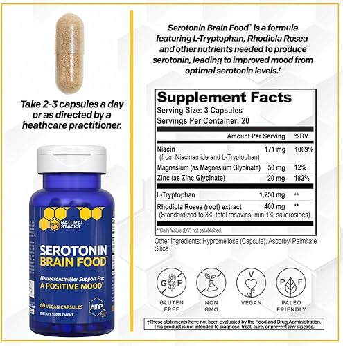 Miniatura 2 de Serotonin Brain Food - 1250 mg de L-triptófano y 400 mg de Rhodiola Rosea Suplemento - Suplemento de apoyo del estado de ánimo para aliviar el