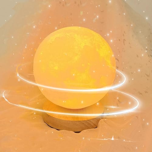 3D Rotating Moon Lamp with Remote Control, 18cm LED Night Light with Wooden Base, Touch Control, USB Rechargeable, 3 Colour Modes, Galaxy Room Decor