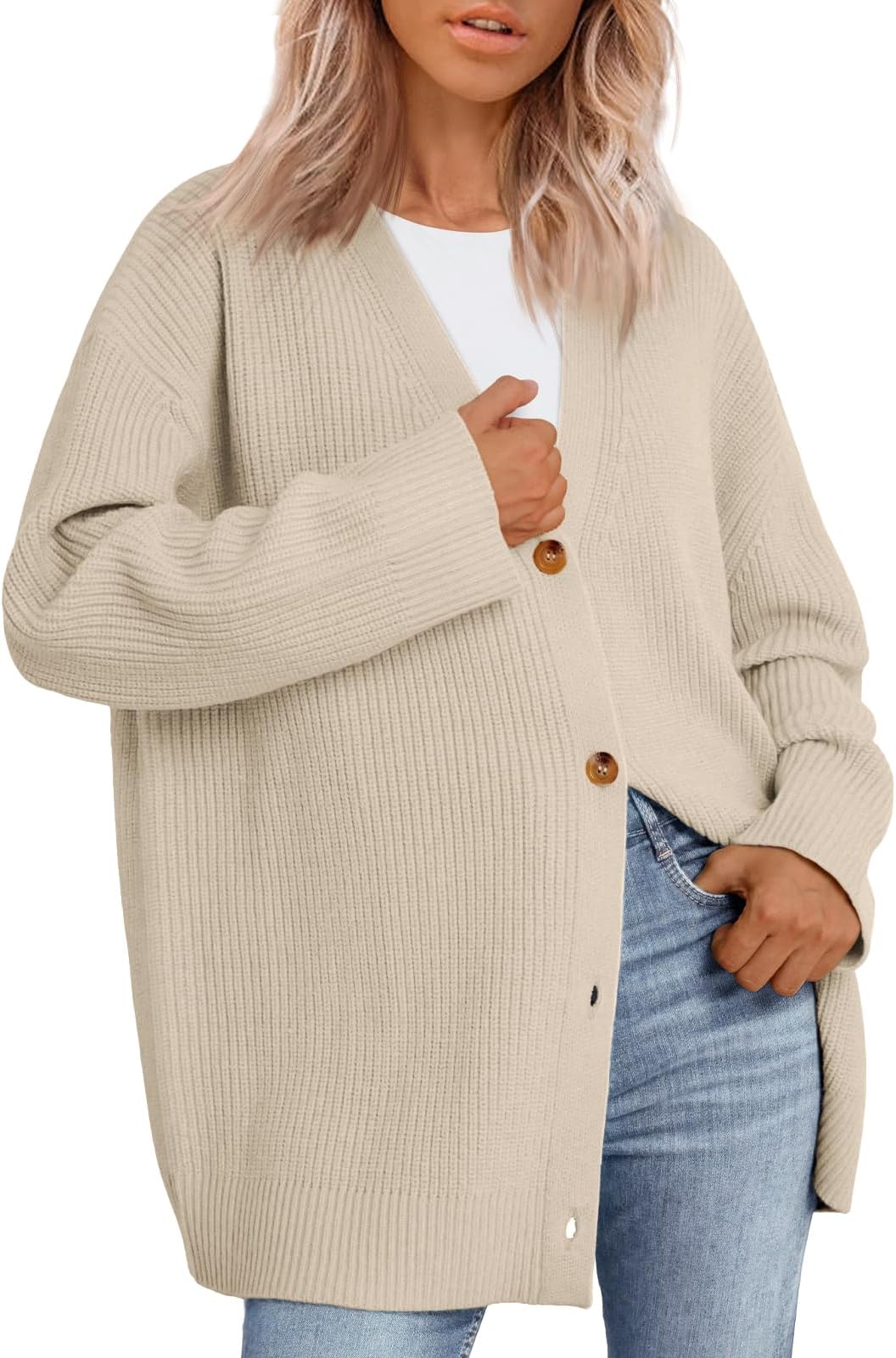 EFANWomens Open Front Cardigan Sweaters 2025 Oversized Button Sweaters V Neck Loose Cardigans Knit Outwear