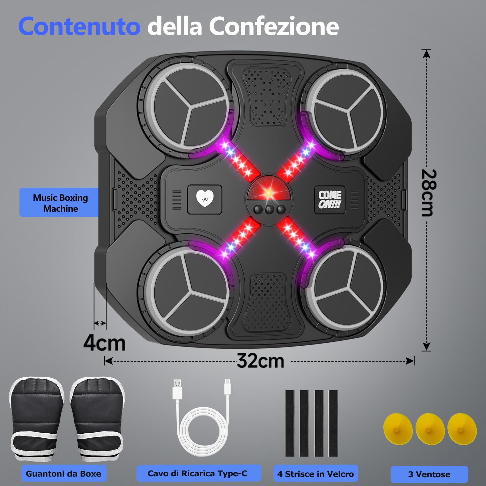 Macchina da Boxe Musicale, Music Boxing Machine Bluetooth Ricaricabile da Montare a Muro con 3 Livelli di velocità, Guanti, Luci Colorate, Cuscinetti da Boxe, Regalo per Ragazzi e Ragazze (Nero)