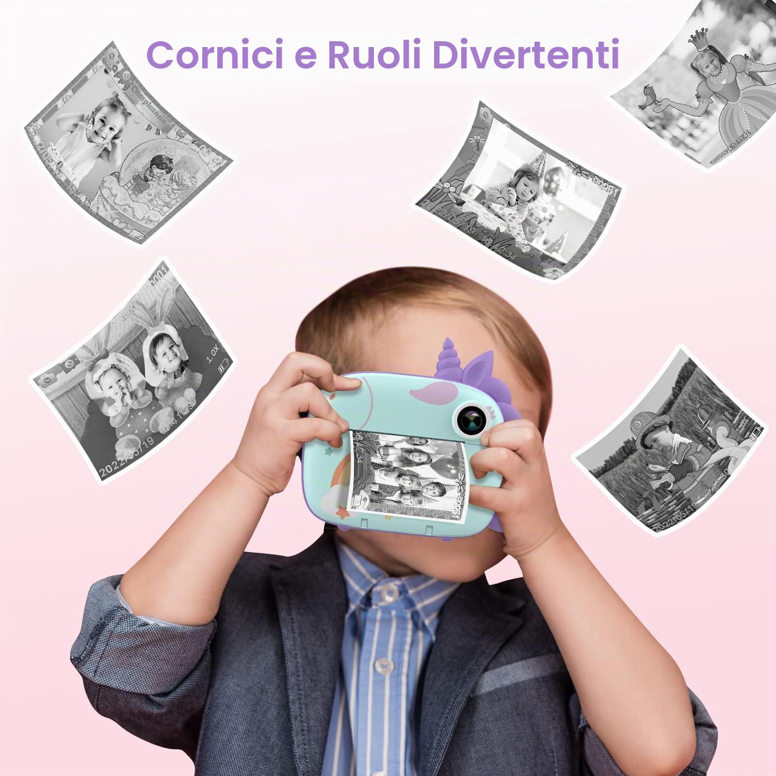 HiMont Fotocamera istantanea per bambini, fotocamera digitale con carta da stampa e scheda TF da 32 G, penne colorate e clip per foto fai da te, regalo per bambini dai 3 ai 14 anni (verde)