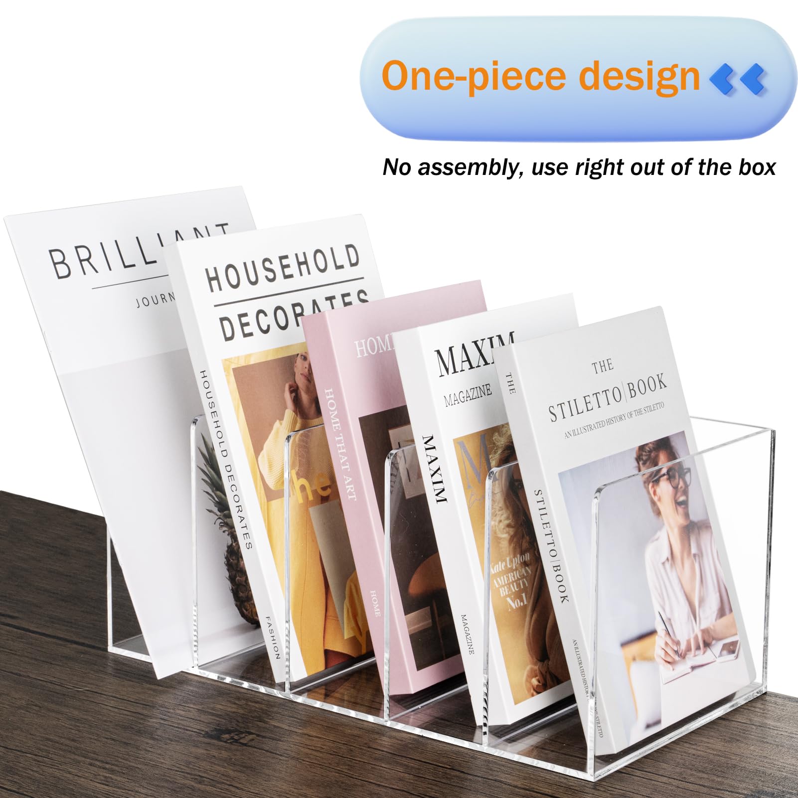 Organizador de archivos de escritorio acrílico – 5 compartimentos vertical para revistas – Clasificador de espacio de trabajo transparente para carpetas, libros y documentos, sin montaje, 35 x