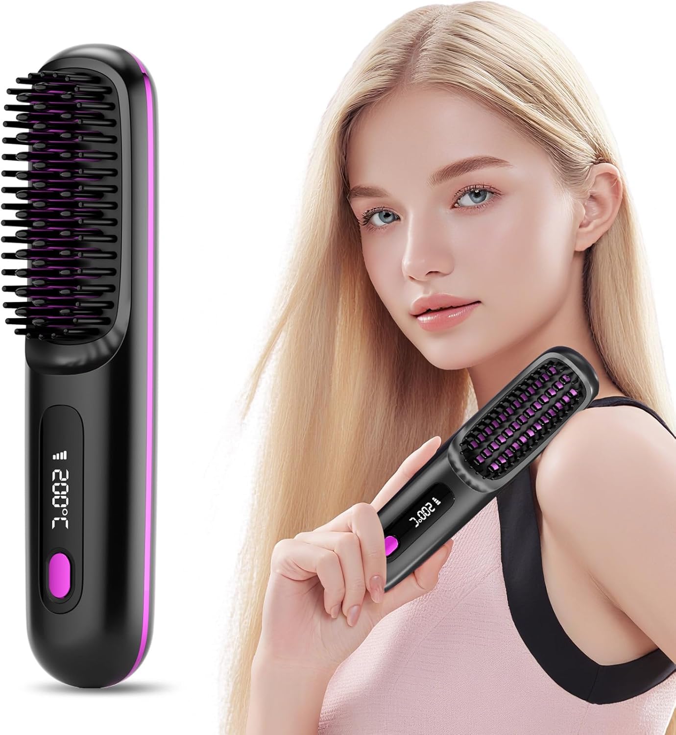 Hair Straightener Brush - Upgrade Cordless Hair Straightener Brush for Travel, Portable Hot Straightening Comb for Women, Ceramic Coating