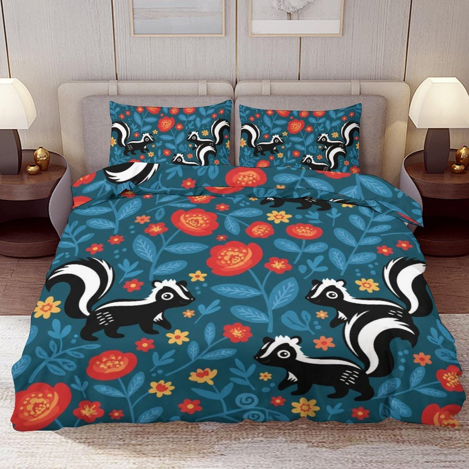 Delerain Comforter Cover Set Full Size, Cute Skunk Folk Art 3-Piece Bedding Set for Boys Girls Teens Modern Soft Microfiber Bedroom Set Room Decor, 1 Duvet Cover + 2 Pillowcases