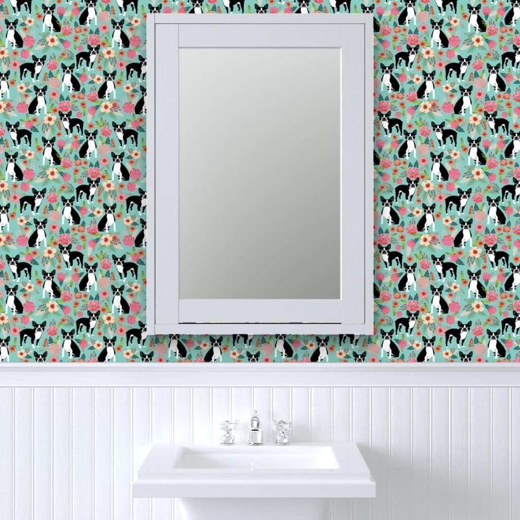 Commercial Grade Wallpaper 27ft x 2ft - Boston Terrier, Vintage Style, Florals, Dogs, Mint Green, Dog, Flower, Puppy Traditional Wallpaper by Spoonflower