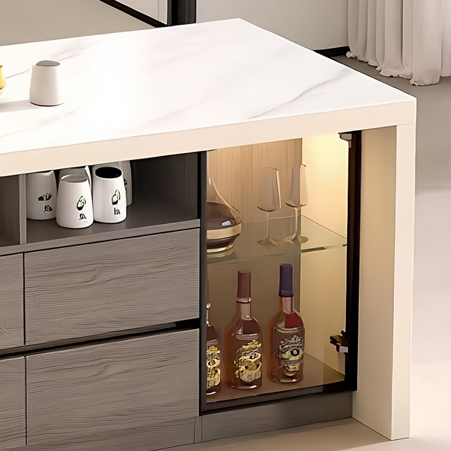 Storage Trolley Sintered Stone Kitchen Island Bar Cabinet with Glass Door Drawer Storage Sideboard Shelving Organizer