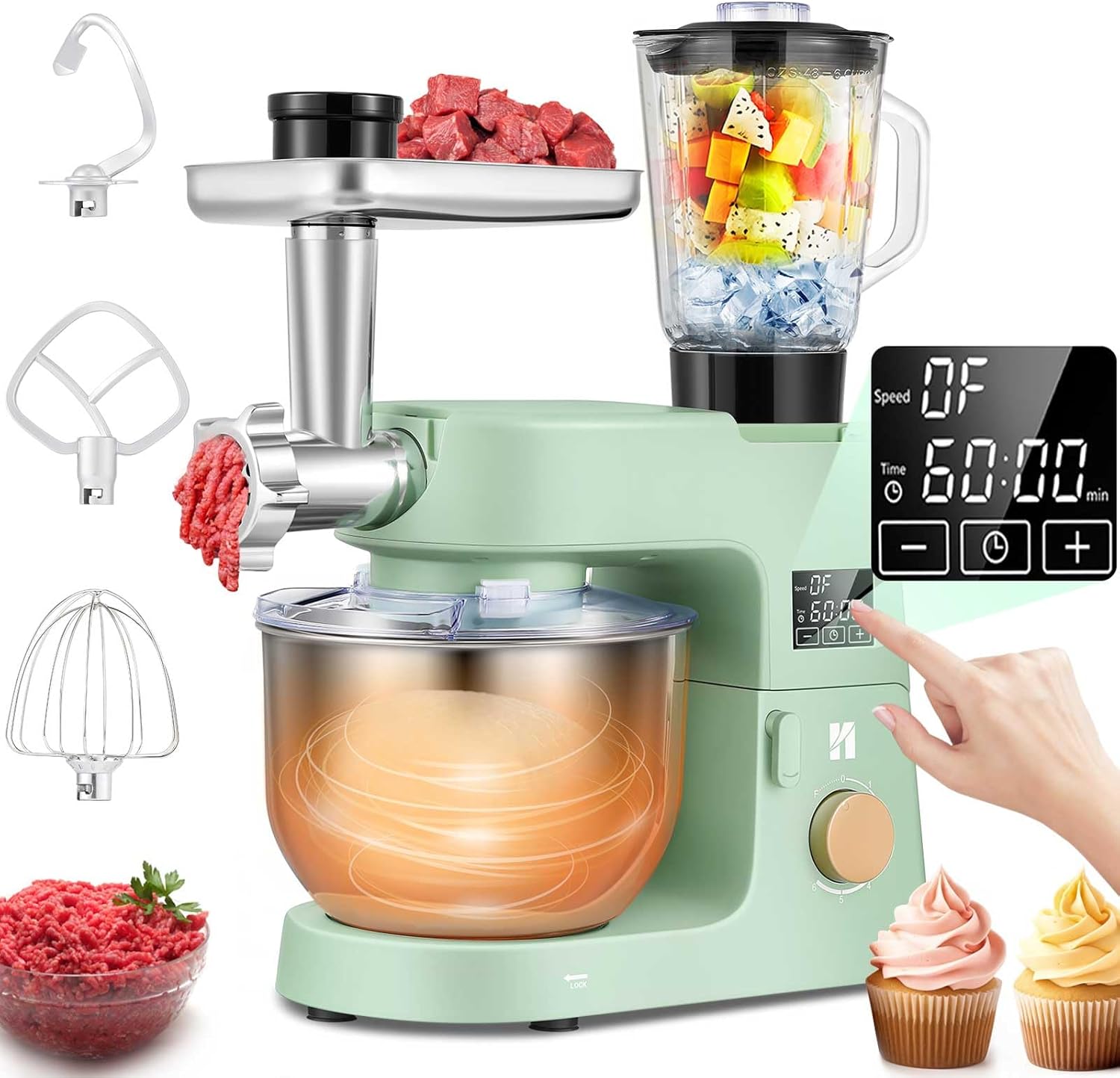 Huanyu 9 in 1 Stand Mixer with with Meat Grinder Fermentation Function Multifunctional Electric Kitchen Mixer with Timer Touch Screen Vegetable Slicer