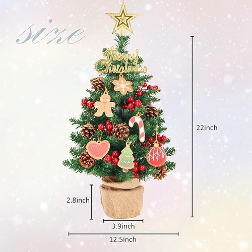 Miniatura 2 de Mini árbol de Navidad artificial con luces, árboles de Navidad de mesa de 22 pulgadas, 65 puntas de rama, pequeños árboles de Navidad con adornos