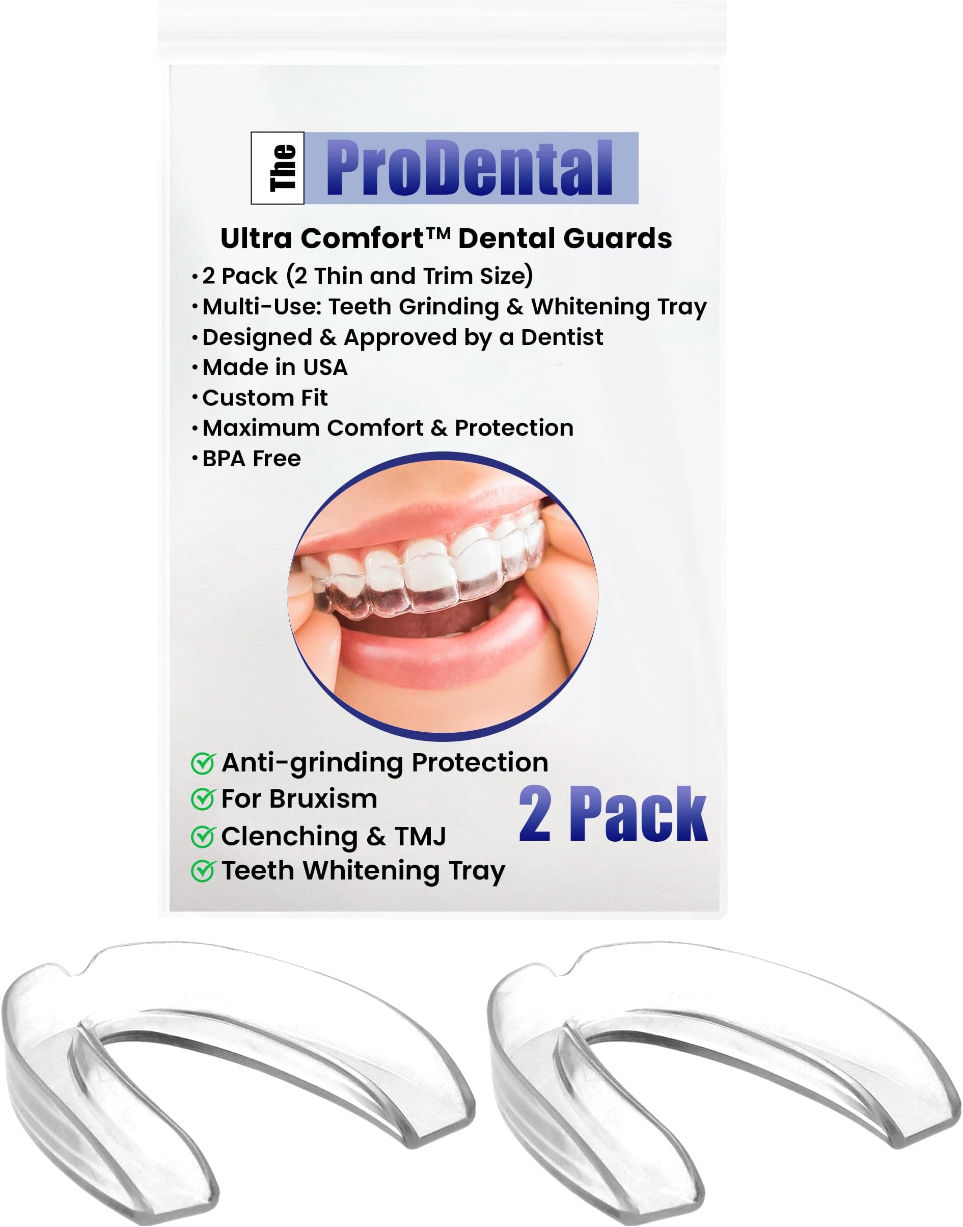 Mouth Guard for Grinding Teeth - 2 Pack, Made in USA, Thin and Trim Anti Grinding Night Guard - Teeth Whitening Dental Tray, Stops Bruxism - Teeth Clenching, No BPA