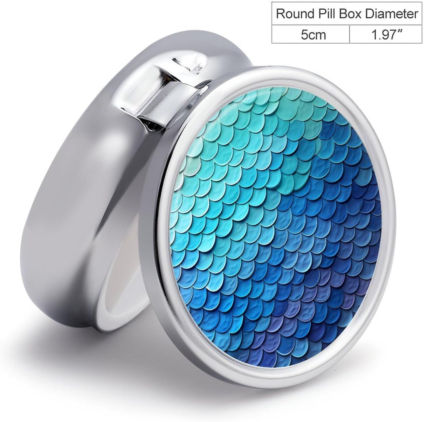 Round Daily Blue Mermaid Fish Scale Pill Case with 3 Compartment & Mirror image 2